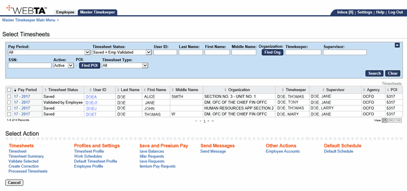 Select Timesheets Page